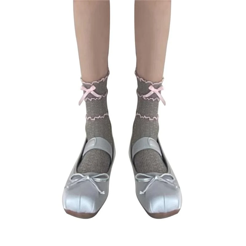 

Q22D женские кружевные носки с рюшами, средние носки-трубы с бантом, ажурные чулки с кружевной отделкой, носки с оборками для и