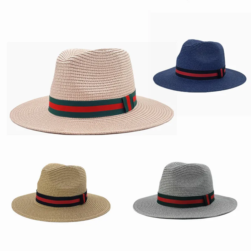 Panama Straw Hats Color-blocked Webbing  Men's and Women's Couple Hats Sunscreen Sunshade Hats