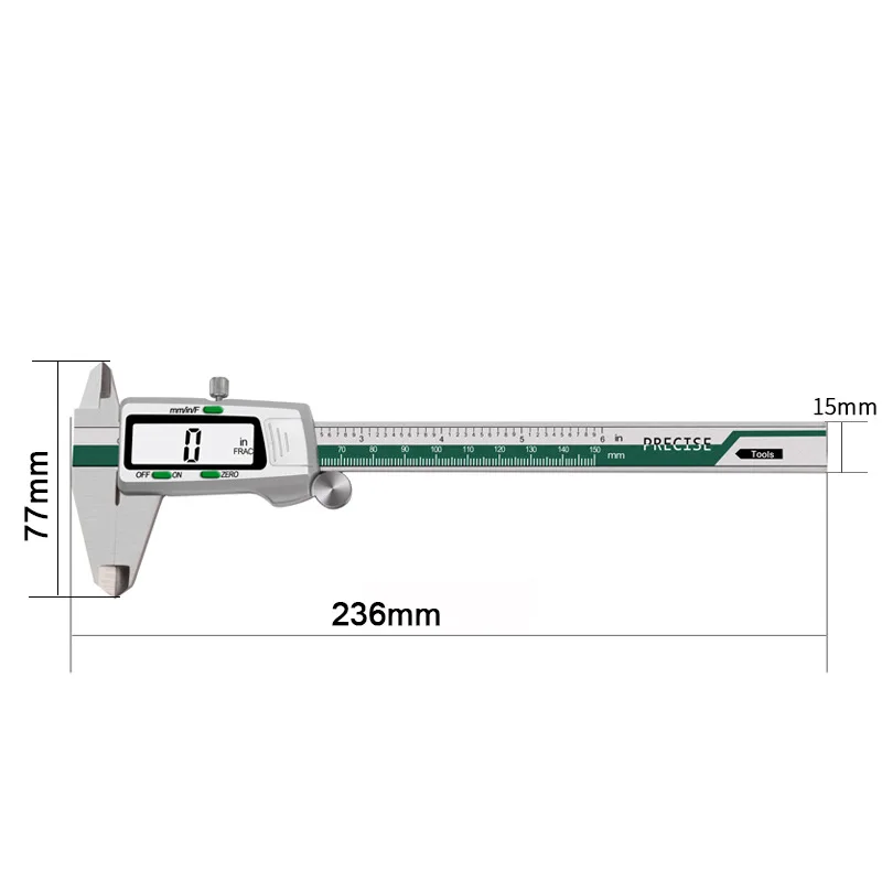 ET50 Green Spelling Stainless Steel Vernier Calipers with Fractions with Metal Digital Mixed Score Display