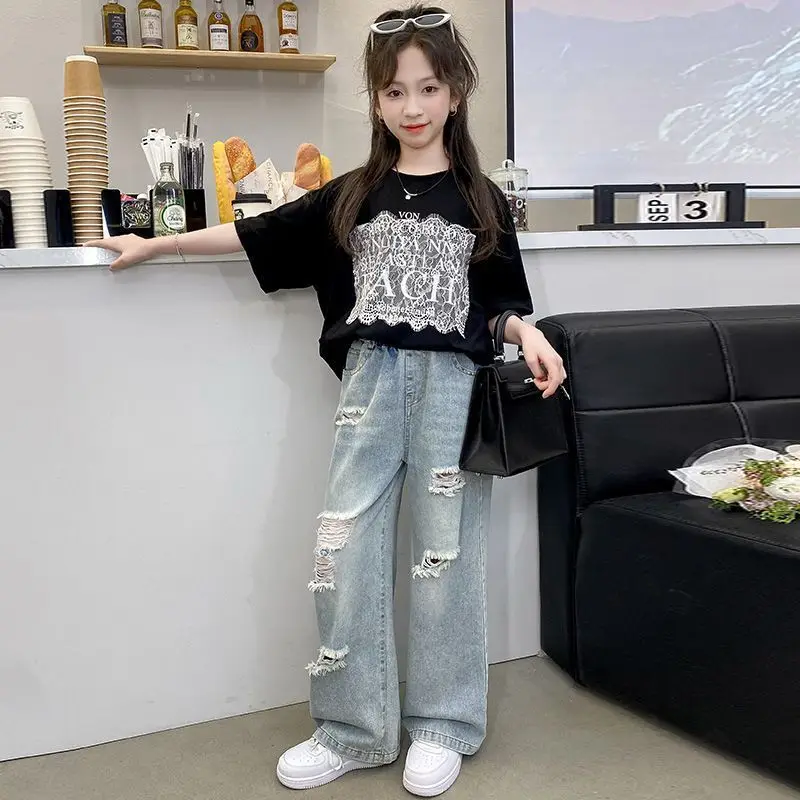 

Korean version T-shirt jeans new set medium and older children's fashionable foreign style children's two-piece set