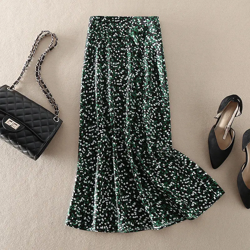 Elegant Green Asymmetrical Half Skirt with Wood Grain  Design for Women High Waist A-Line PVC Fabric Summer New Arrival