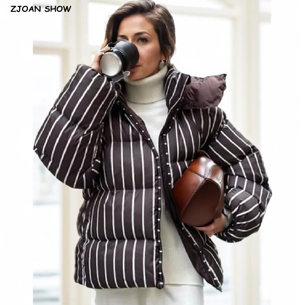2025 Winter CHIC Women Stand Collar Contrast Color Stripes Parka Coat Removable Hooded Zip up Full Sleeve Bread Outerwear Coffee