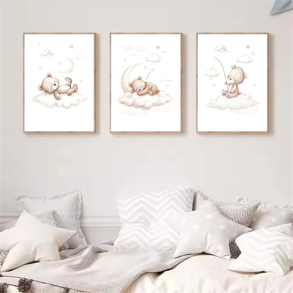Cartoon Sleeping Teddy Bear Wall Art Canvas Painting Moon Cloud Nursery Poster Prints Nordic Wall Pictures Baby Kids Room Decor