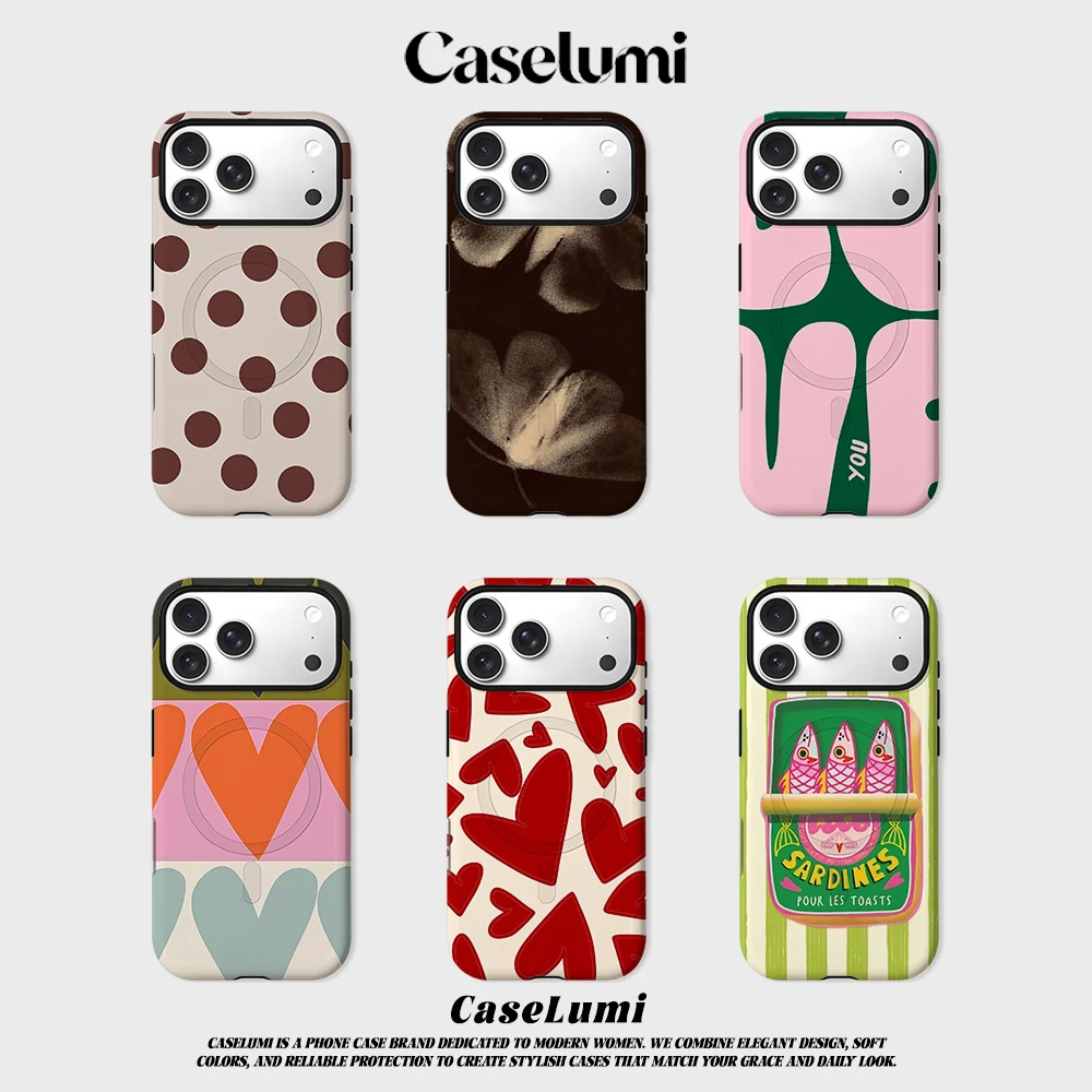 CaseLumi Matte Bumper für MagSafe Hülle für iPhone 17 16 15 14 Plus Pro Max Stoßfeste Harte PC Retro Braun Getönte Polka Dots Schutzhülle