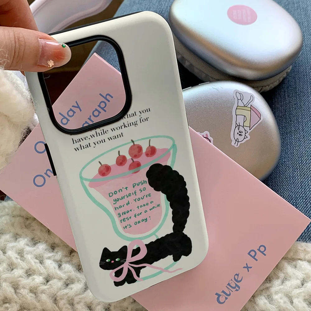 Yellow Dessert Bow Cat Phone Case for IPHONE 16 ProMax 15 14 PLUS 13 12 11 PRO Plus Acrylic TPU Two in One Mobile Phone Cases