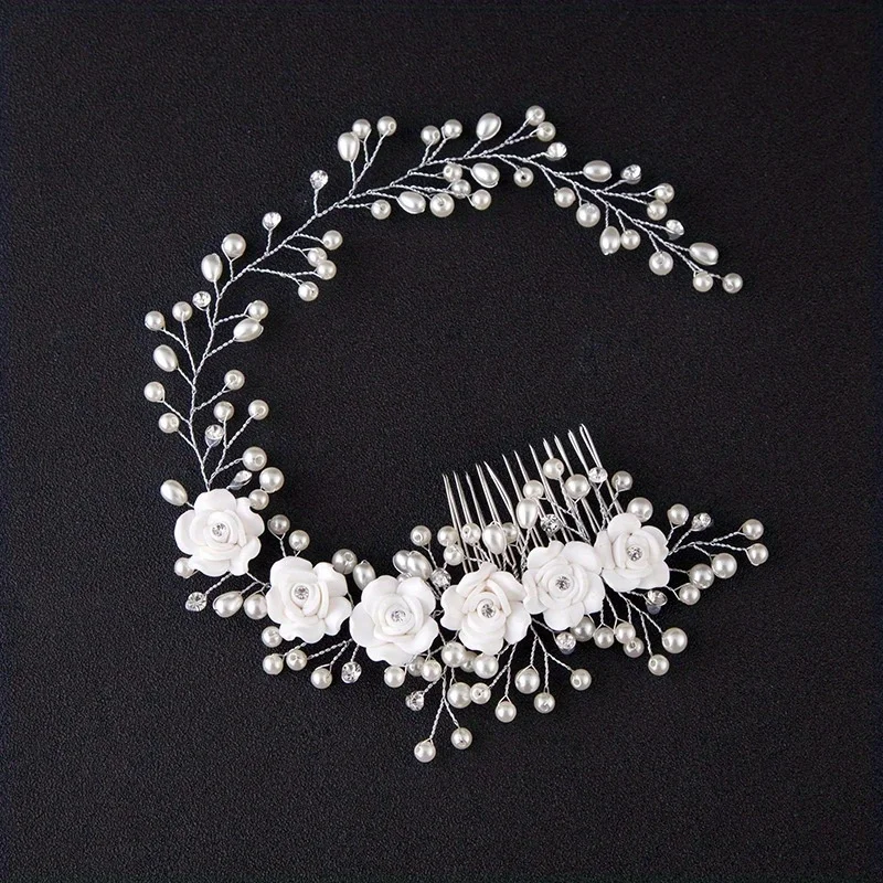 HandMade Silver Color Pearl Wedding Hair Combs Hair Accessories for Bridal Flower Headpiece Women Bride Hair ornaments Jewelry image 4
