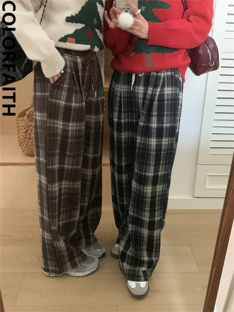 Colorfaith P10280 New 2024 Korean Fashion Checkered Capris Pants High Waist Vintage Autumn Winter Women Ankle-Length Trousers