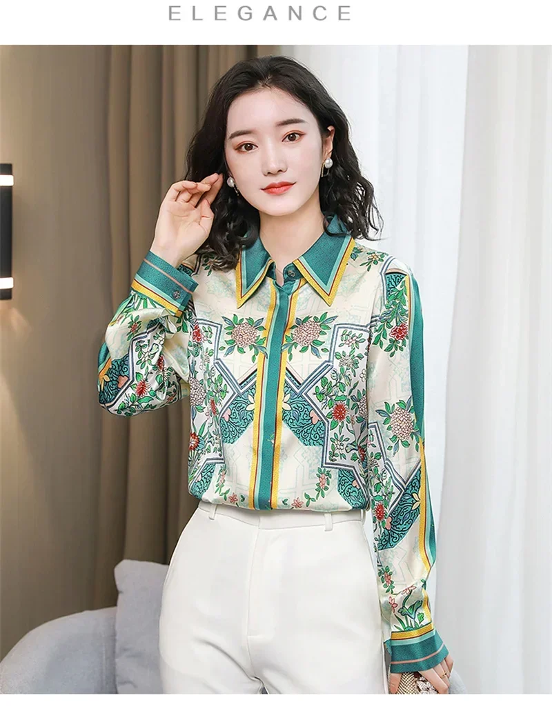 블라우스 camisa blusa mujer Green Floral Summer Shirt Woman Fashion Elegant Casual Female Shirt Long Sleeve Blouse Tops 6279