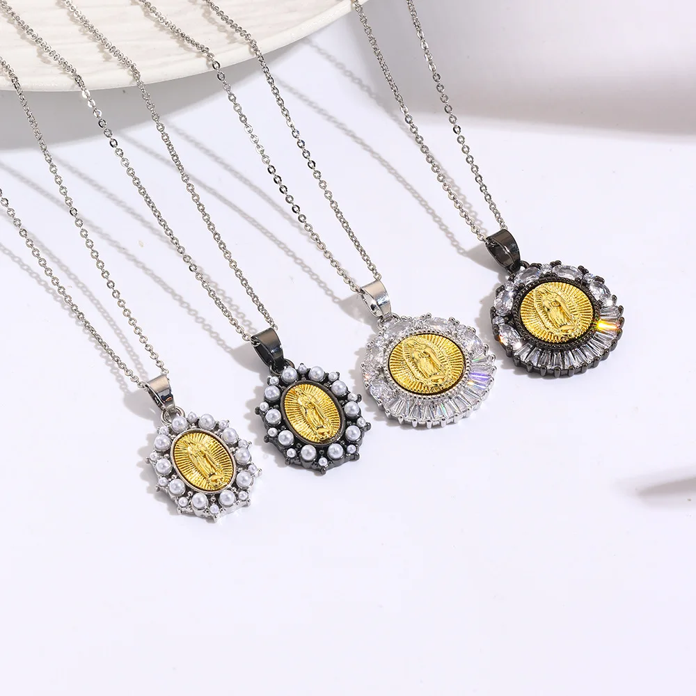 

3Pcs Geometric Round Religious Copper Plated Two-Color Virgin Necklace Pendant Fashion Personality Oval Necklace Pendant Jewelry