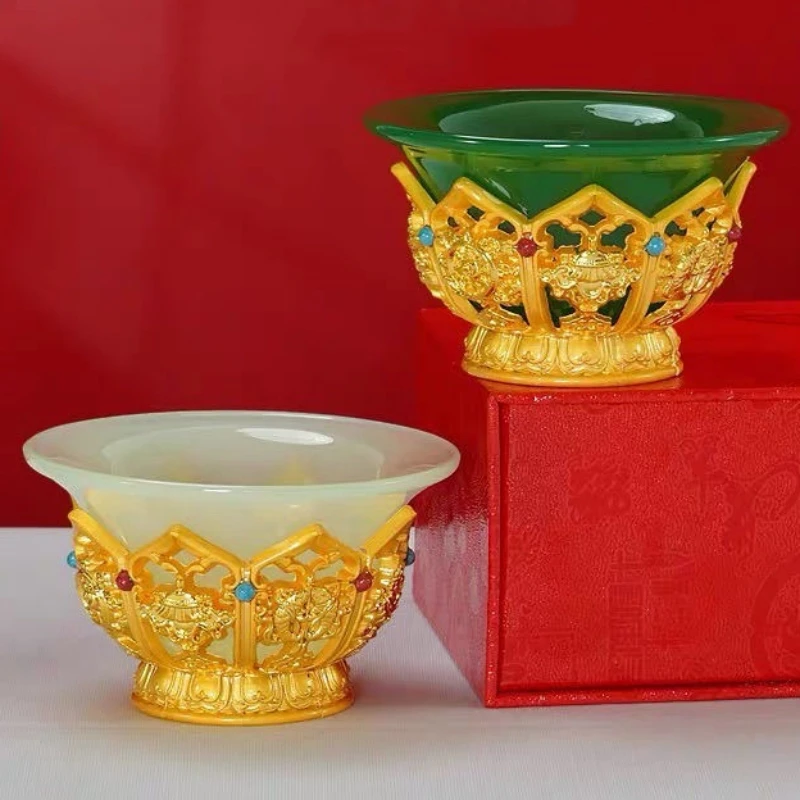 Liga de tigela tibetana dourada, copo de água sagrada tântrica, tigela de pedra verde budista com pedras embutidas gravadas, decoração de mesa, 8,5 cm