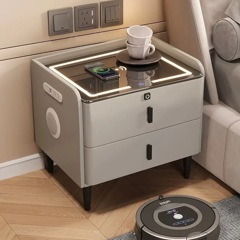 Modern Smart Grey Bedside Table Nightstand 2-Drawer LED Light Storage Wireless Charging Eco-Friendly Hospital Bedroom Furniture