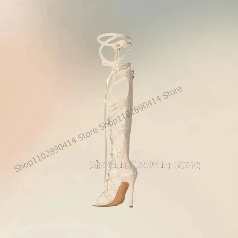 Beige Hollow Design Strappy Twine Sandals Boots Back Zipper Women Shoes Thin High Heels Fashion Party 2024 Zapatos Para Mujere