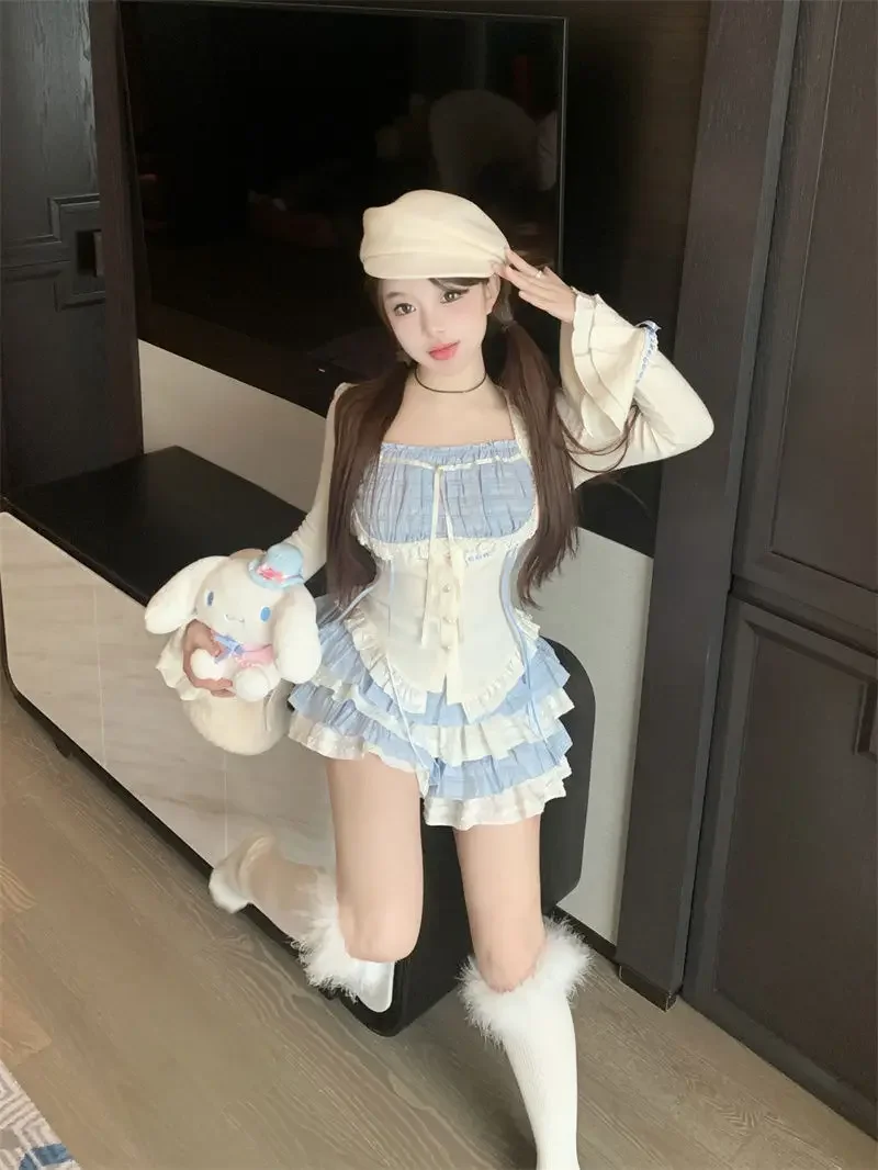 Outono kawaii lolita terno estilo japonês fino rendas topos + bodycon y2k mini saia moda bolo saia meninas festa 2 peça conjunto