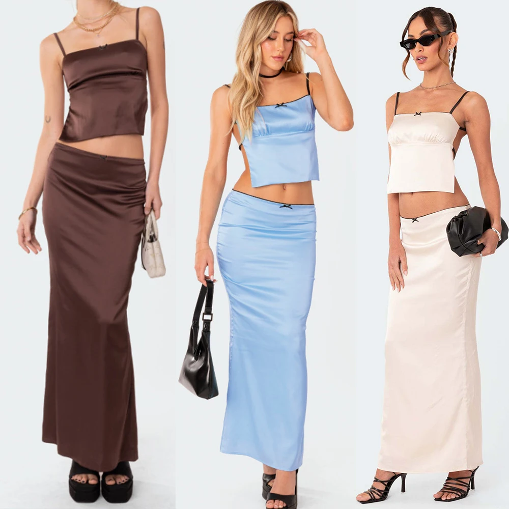 Summer Satin Skirt Women Maxi Skirt Summer High Waist Party Beach Casual Skirt Boho Elegant Vacation Y2K Skirt Jupe Faldas Sets