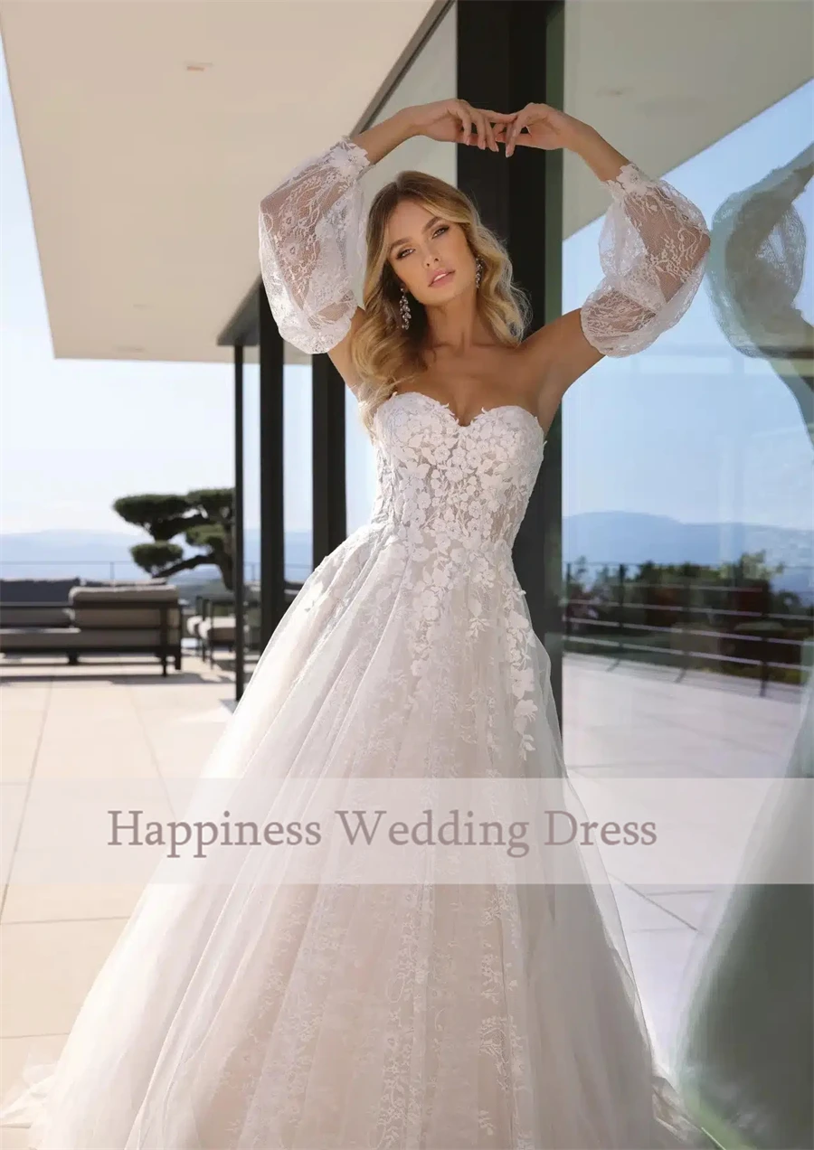 Personalizado requintado renda ilusão vestido de casamento mangas removíveis romântico applique tule vestido de noiva decote coração