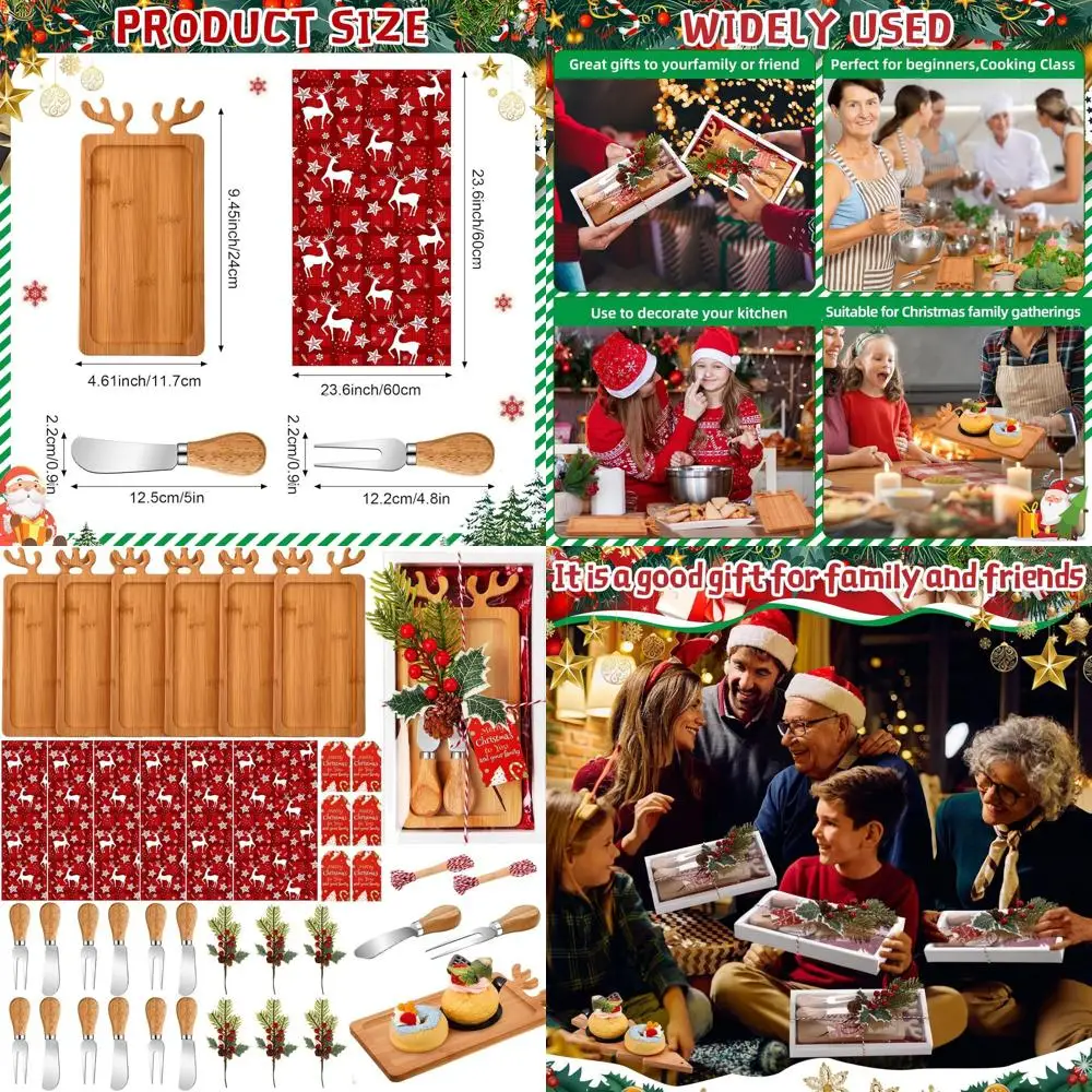 

Рождественский набор разделочных досок с оленями с бамбуковым подносом, ножами, вилками, кухонными полотенцами и подарочными бирками для праздничных торжеств