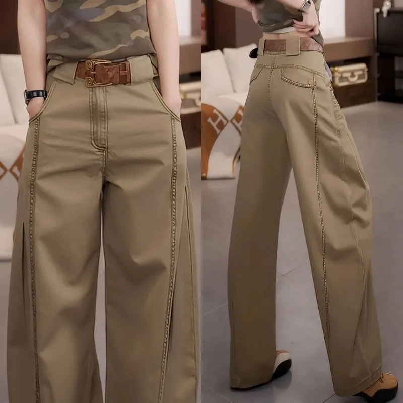 Fashion Khaki Overalls Women's 2026 Autumn New High-waisted Straight Scimitar Pants Versatile Casual Wide-leg Pants