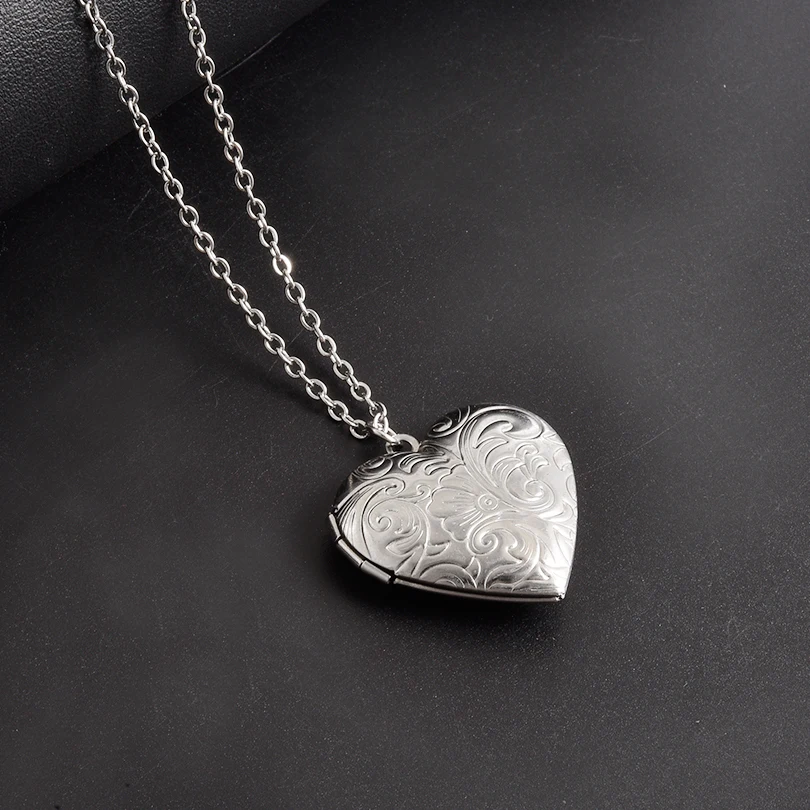 خمر فضي اللون قابل للفتح البيضاوي مربع القلب منحوتة زهرة شريط المنجد قلادة شيك إطار الصورة القلائد الفولاذ المقاوم للصدأ