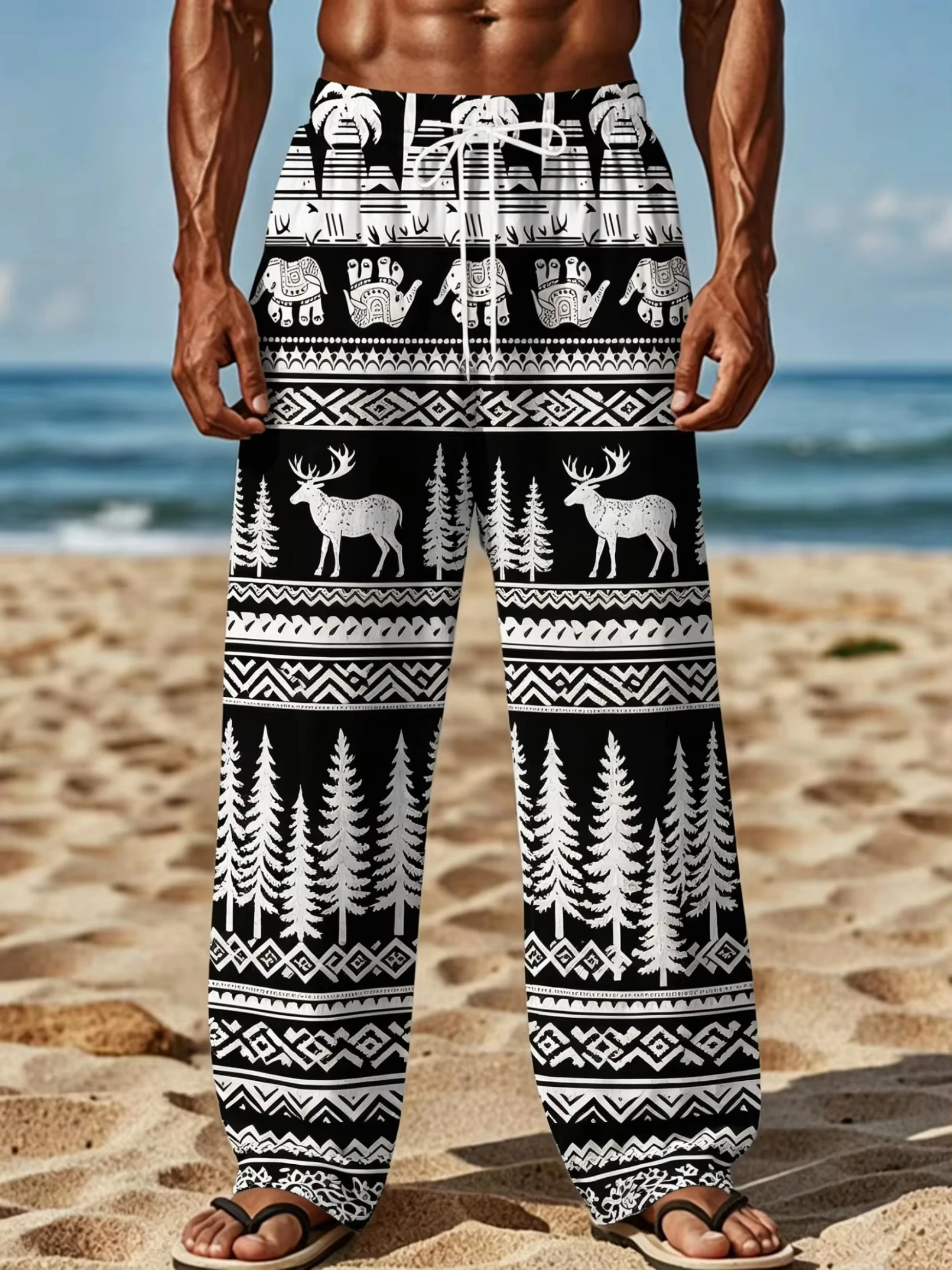 Men's Spring Summer Ethnic Elephant Deer Pine Tree Geometric Border Print Drawstring Pants Boho Beach Straight Pants
