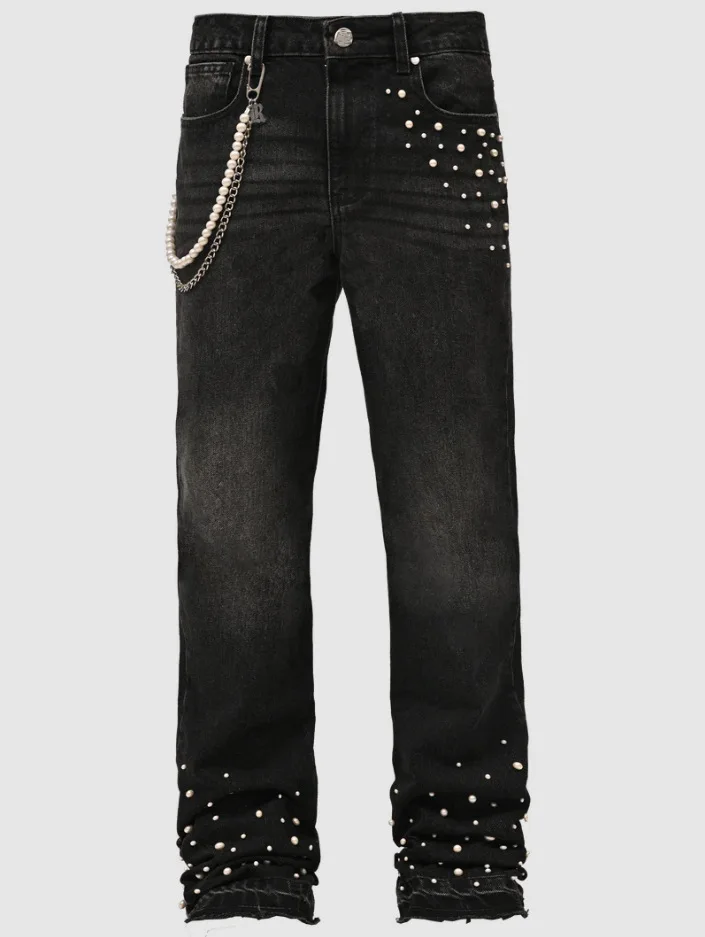 American retro washed letter spliced denim trousers high street trendy brand couple loose straight micro-flared long trousers