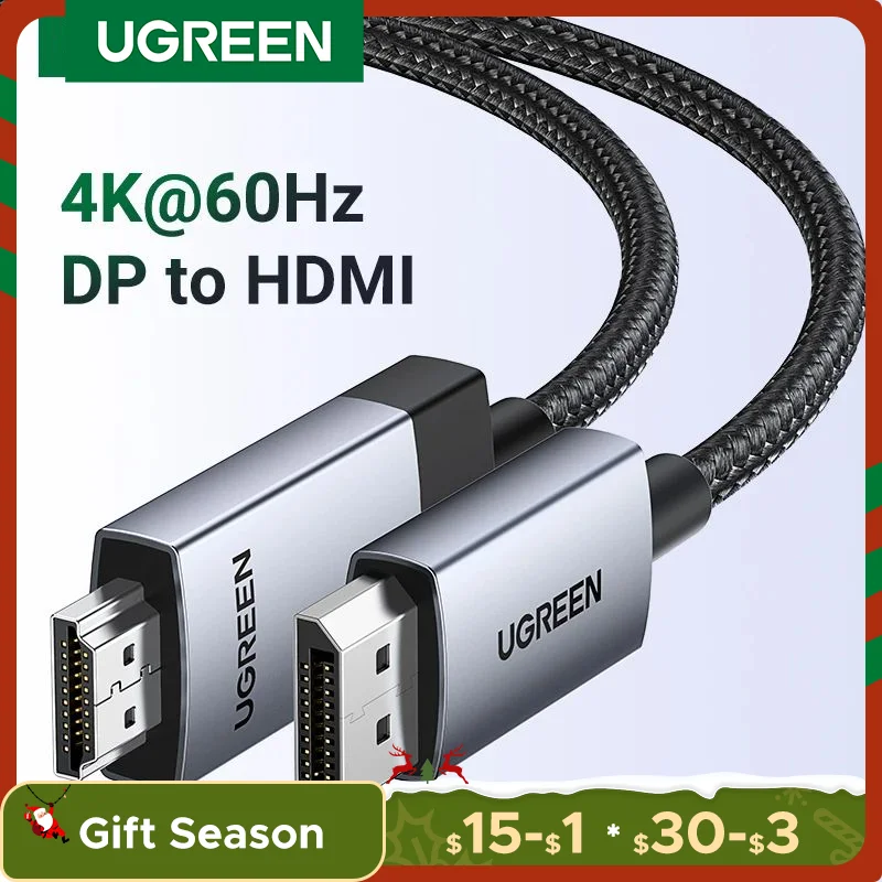 UGREEN DisplayPort to HDMI Cable 4K 60Hz DP to HDMI Cable Display Port Male to HDMI Male Adapter for HDTV Projector DP to HDMI