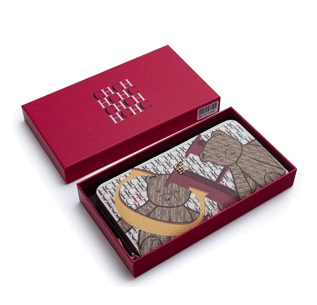CH Damen Lange Reißverschluss-Geldbörse Vintage Monogramm Niedliches Bärenmuster Große Kartenfächer Geldbeutel Mit Verpackungsbox Tägliche Münz-Clutch – Detail 10