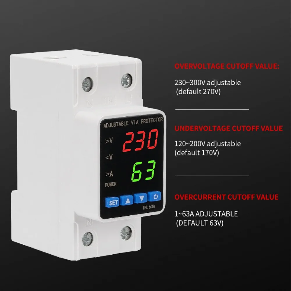 

32A/40A/63A Single-phase Adjustable Over Voltage and Under Voltage Protector Overcurrent Overvoltage Protective Reset Switch
