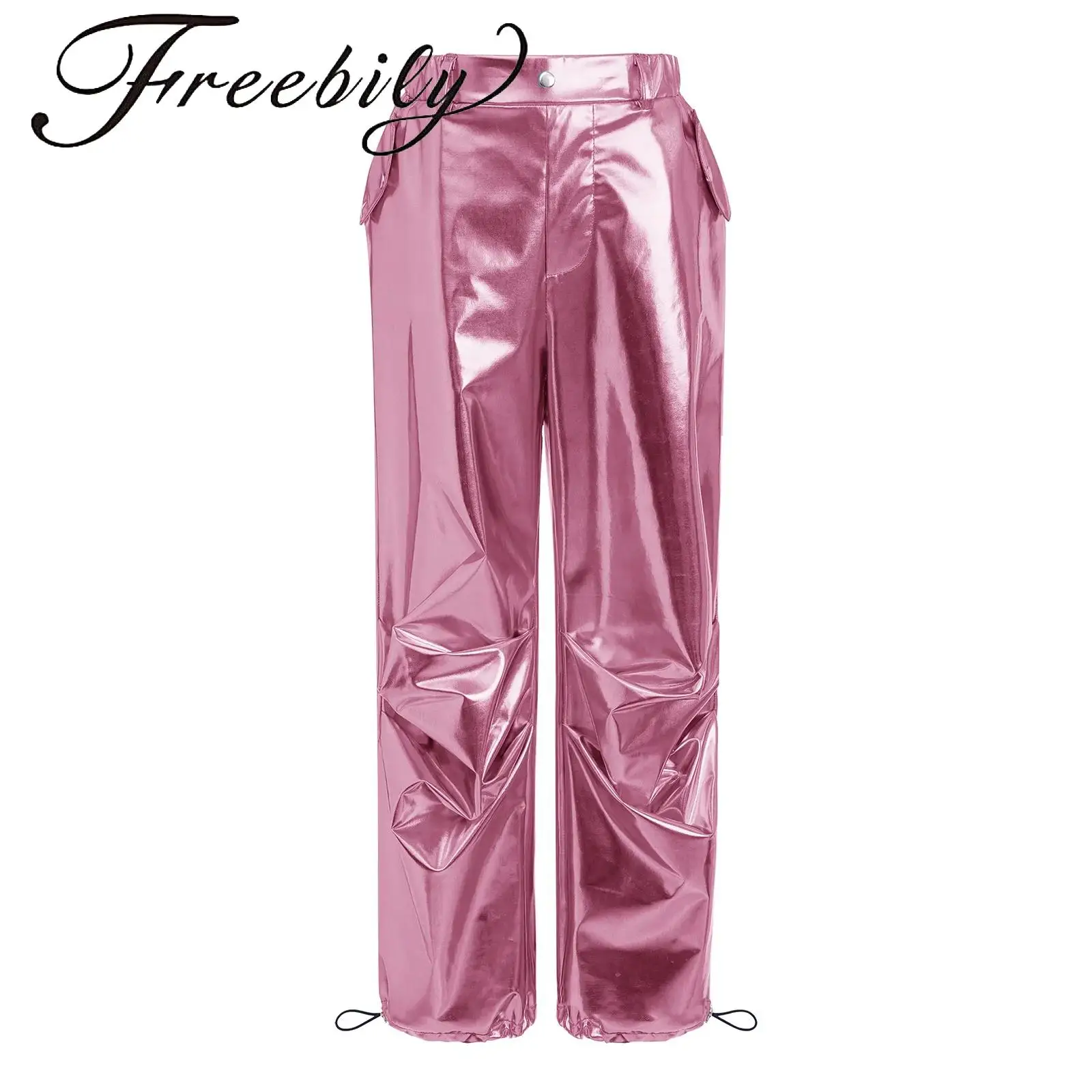 

Kids Girls Metallic Dance Pants Drawstring Leg Opening Trousers with Pockets for Jazz Dance Hip-Hop Stage Performance