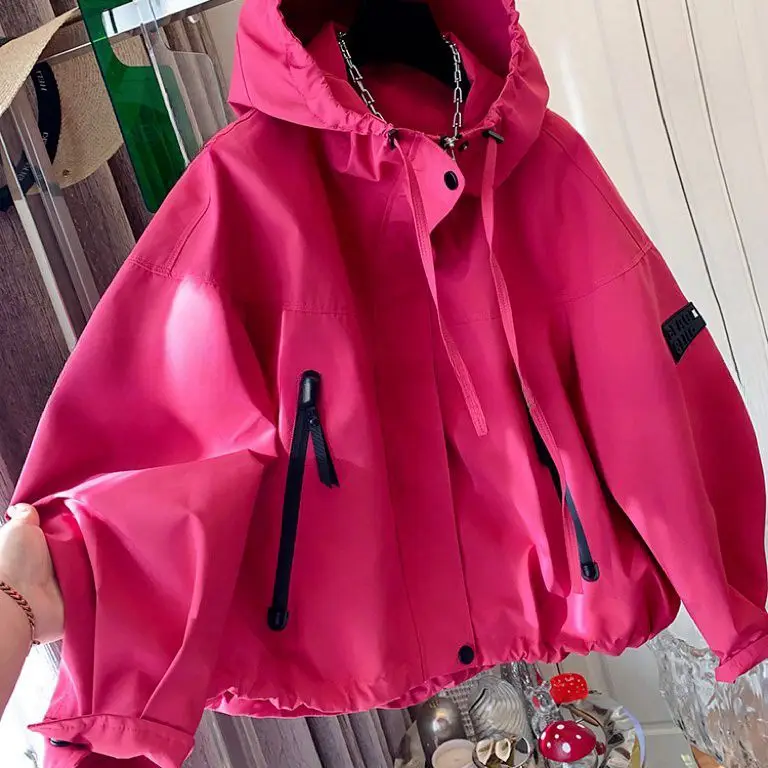 

Повседневная рабочая одежда, дизайн на молнии, куртка с капюшоном, женская свободная куртка, весенне-осенняя розово-красная куртка, топ
