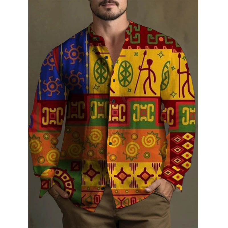 

2024 Autumn African Mural Painting Men Hawaiian Shirt 3d Stripe Shirt For Men Hawaiian Shirts Long Sleeve Oversized Loose Camisa