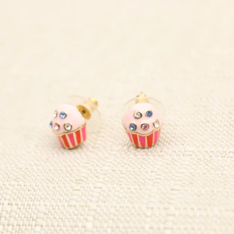 European Colorful Zirconia Enamel Paper Cupcake Earrings with Rhinestones - Women's Jewelry