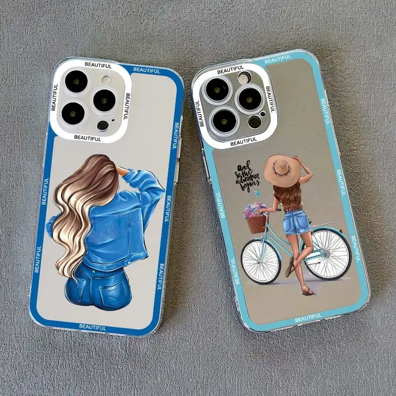 Pretty Girl Clear Phone Case For iPhone 11 12 13 Pro Max 15 14 Pro Max Plus X XS XR 7 8 Plus SE 2020 Transparent Back Cover Capa
