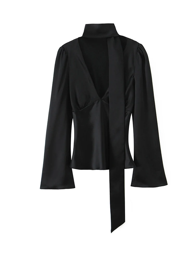 

Women Black Satin Blouses Flare Sleeve Scarf Collar Shirts Casual Tops