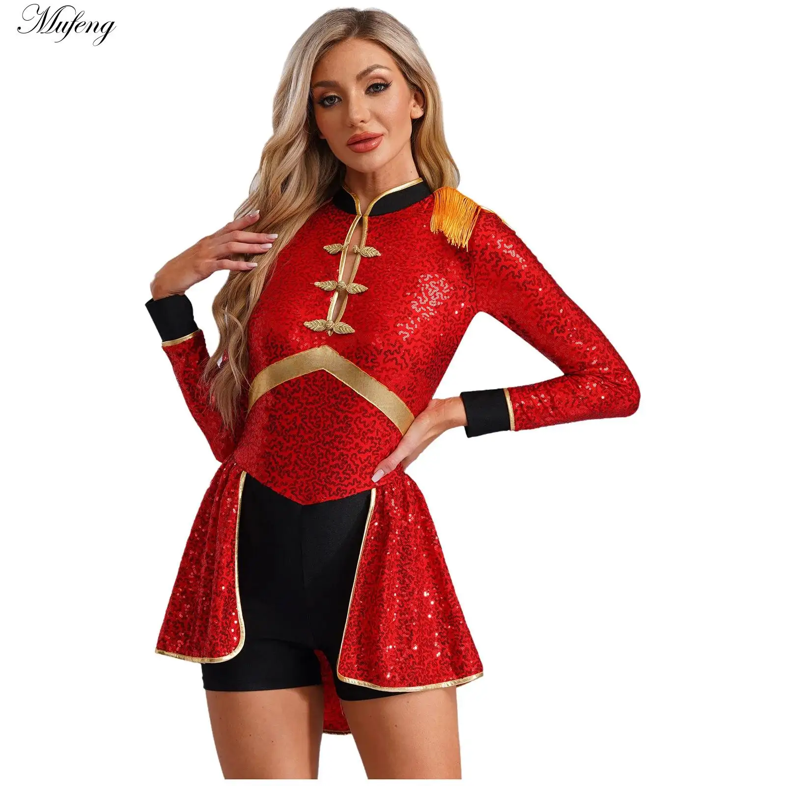 Womens Circus Ringmaster Costume Halloween Carnival Theme Party Role Play Magic Jumpsuit Long Sleeve Fringed Drummer Bodysuit