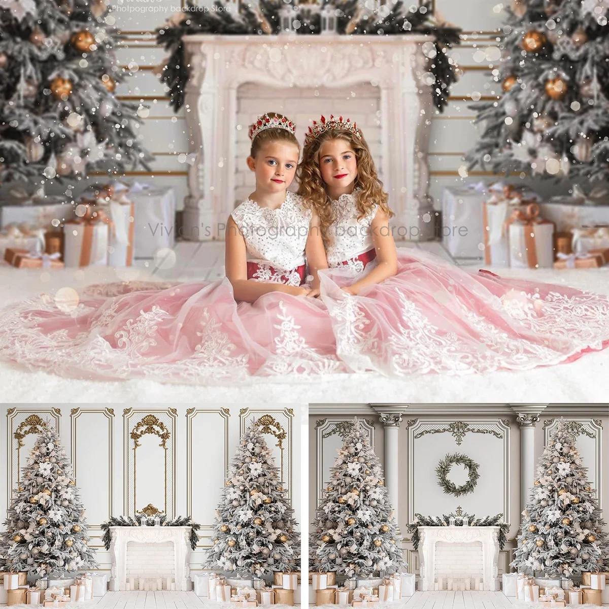 Christmas Backdrop Kids Photocall Sliver Trees Gold Gift Box Child Baby Photostudio Props White Fireplace Background Decoration