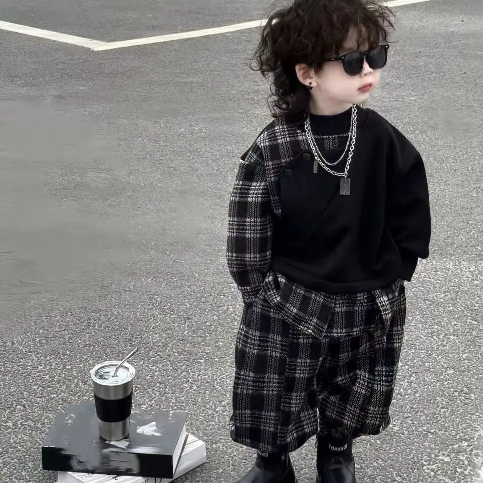 

Children Clothes Set Spring Autumn Boy Girl Fashion Splicing Plaid Coat + Plaid Pants 2Pcs Set Streetwear Handsome Sportswear