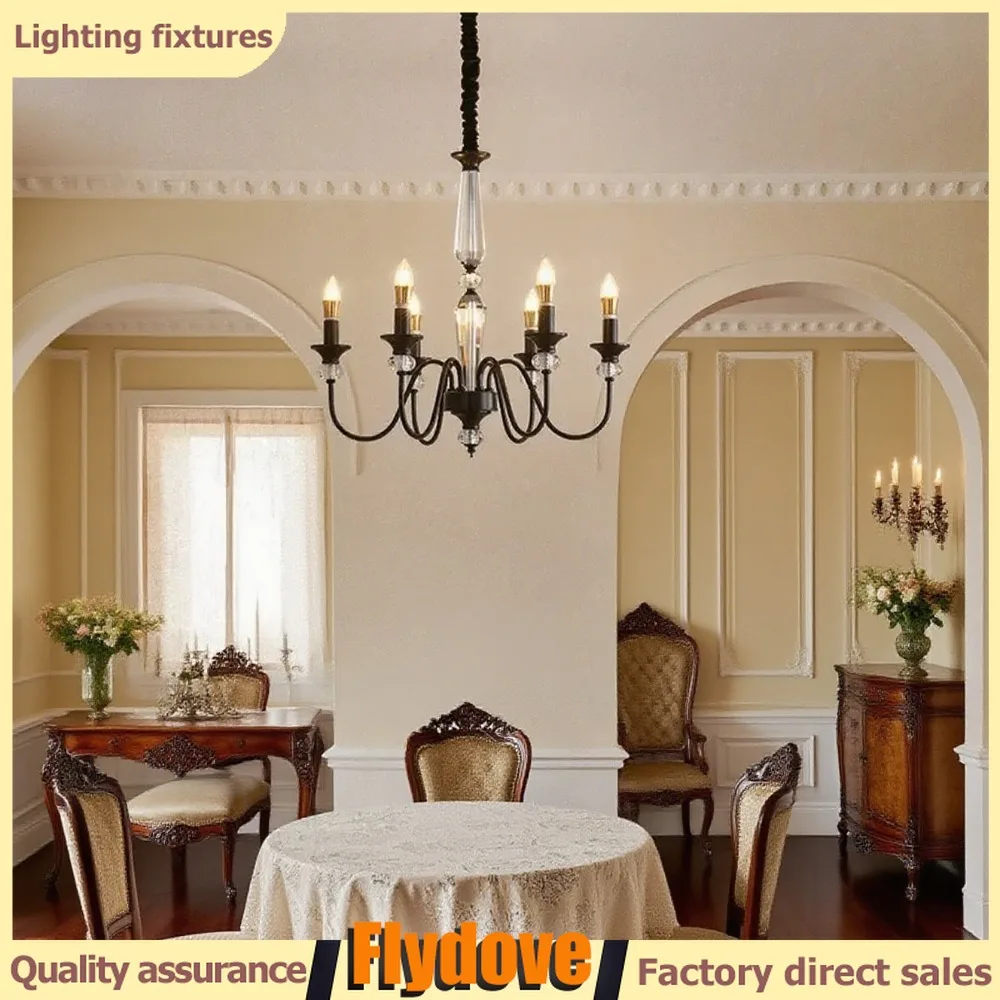 

French Brass Candle Crystal LED Pendant Light American Retro Living Room Master Bedroom Study Hotel Coffee Shop Pendant Light