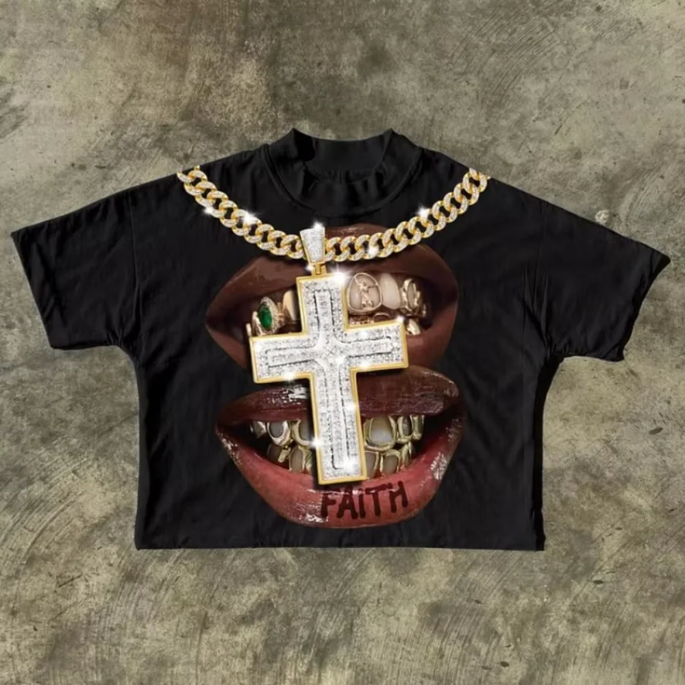 Summer women's retro ethnic short-sleeved ins trendy cross diamond necklace lip picture men's T-shirt loose high street Y2K