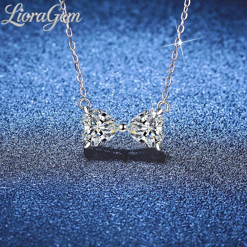 

LioraGem Platinum PT950 2-carat D-color Moissanite Necklace, Double Heart Bowknot Pendant Moissanite Collarbone Chain