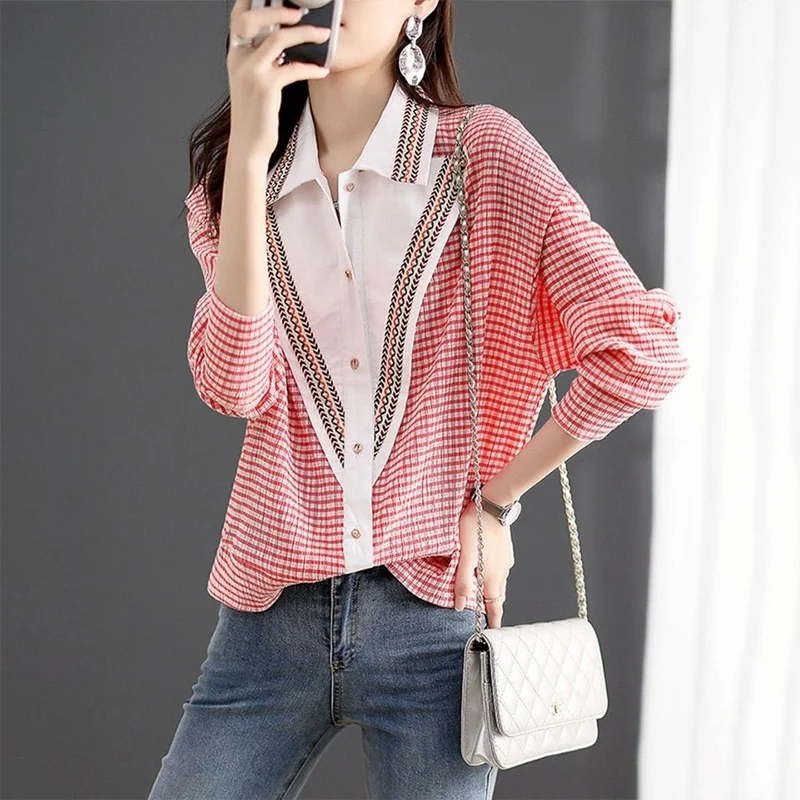 Spring Autumn Polo-neck Patchwork Long Sleeveless Shirt Female Loose Casual Buttons All-match Top Women Elegant Fashion Blouse