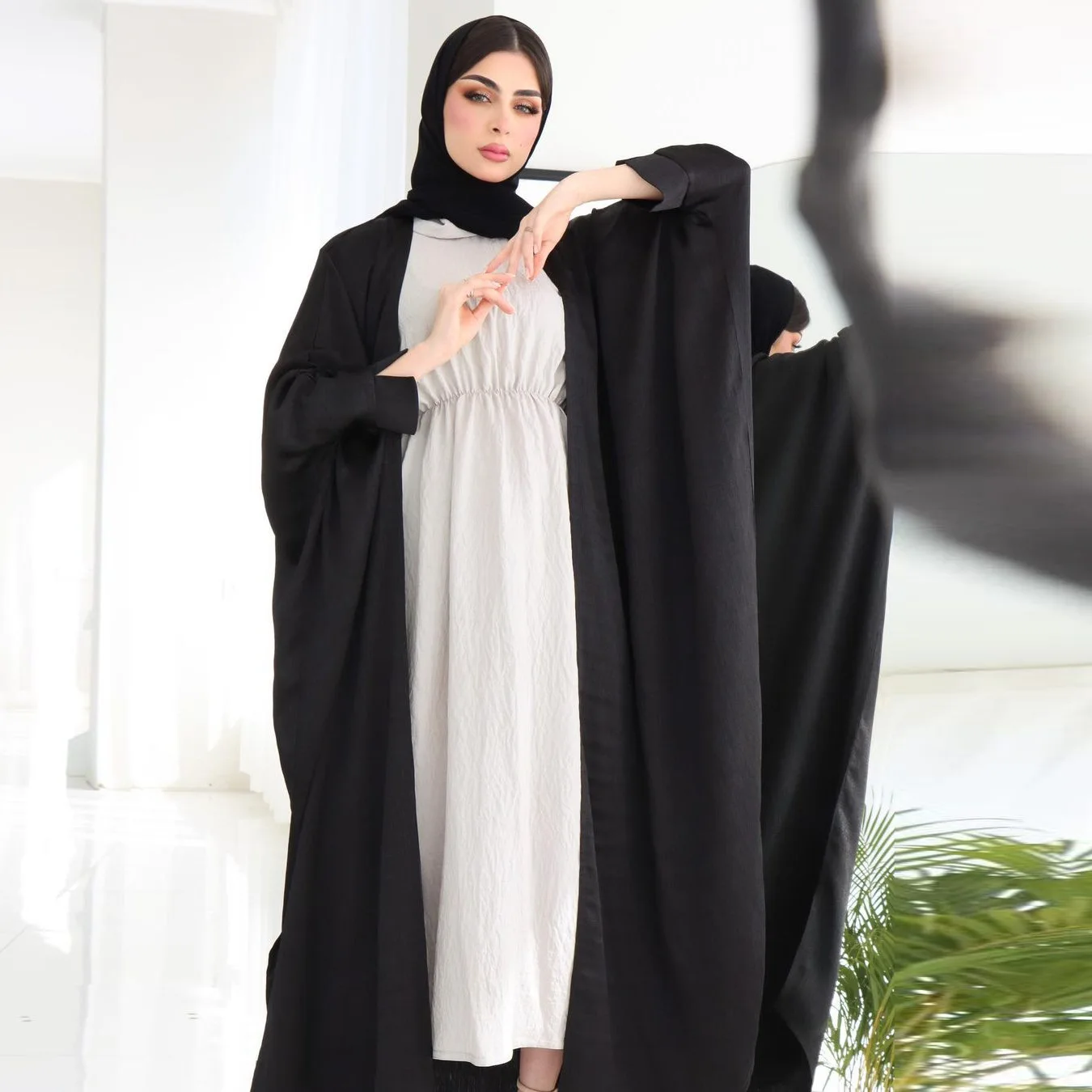 Bat Sleeve Modest Kaftan Black Navy Advanced Fashion Muslim Dubai Arab Party Abaya Cardigan Robe Corban Eid Woman Long Robe