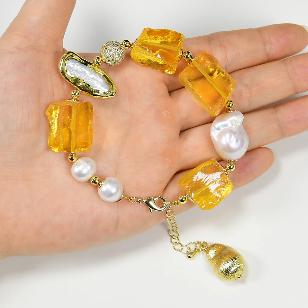 

Natural Yellow Glass Quartz Rough White Biwa Keshi Pearl Bracelet Women Jewelry Gifts