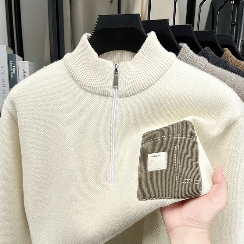 

Мужской вязаный свитер оригинального качества с круглым вырезом, норковый флис, пуловер с нашивкой на молнии, осень-зима, универсальная повседневная мужская одежда, топ