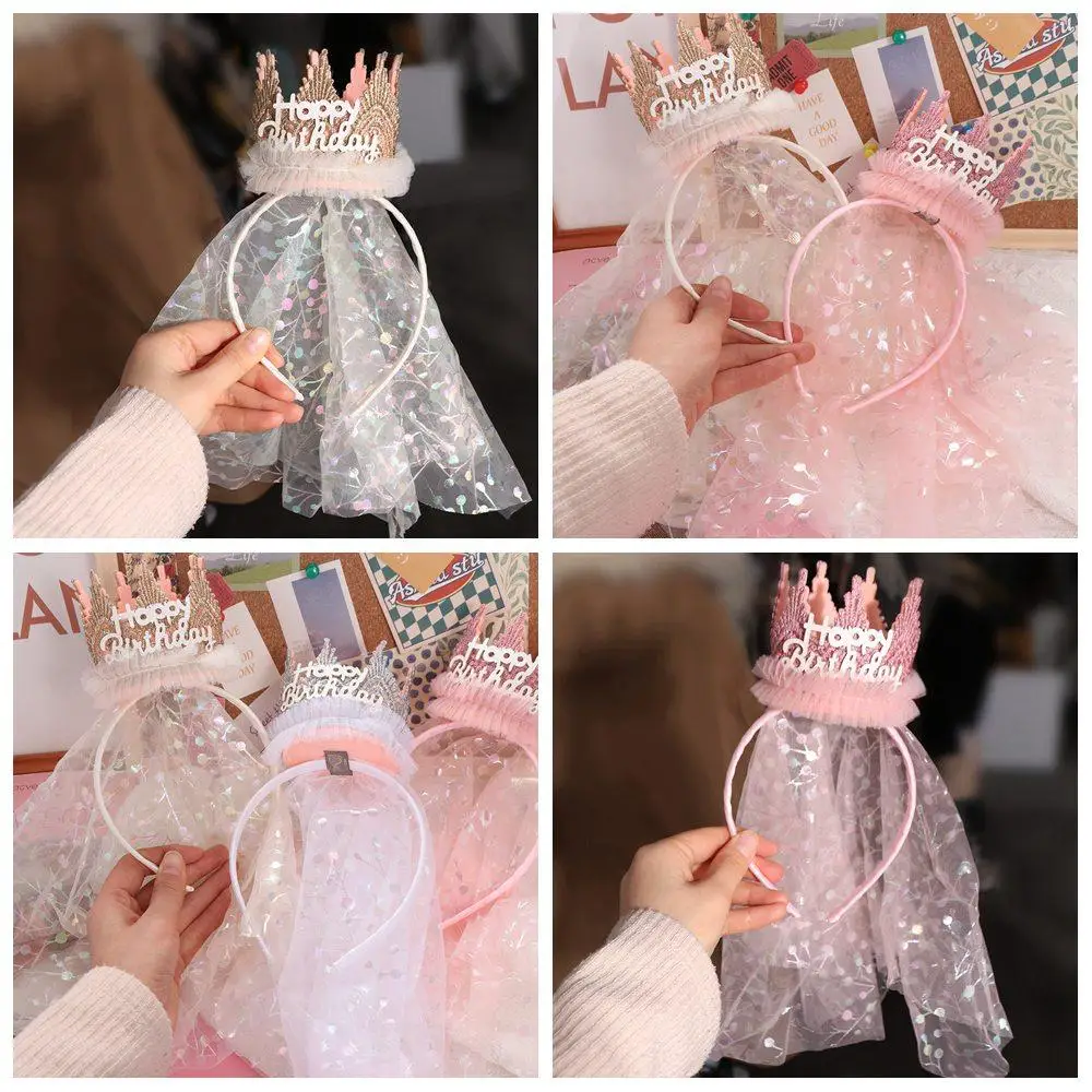 Korean Style Crown Gauze Headband Hair Accessories Headwear Lace Mesh Hair Hoop Hair Decor Head Hoop Happy Birthday Hairband