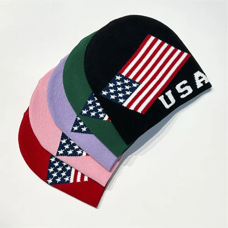 New Unisex USA American Flag Knitted Hat Letter Jacquard Autumn Winter Beanie Cap Y2k Hip Hop Street Cold Hat