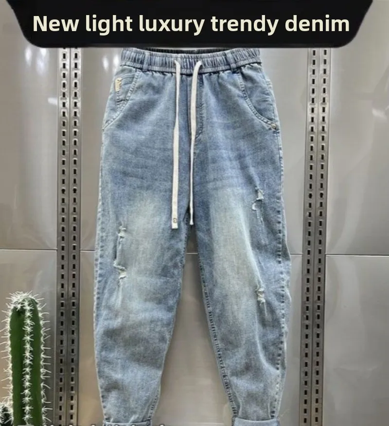 

Luxury Man Clothing Washed Polished White Summer Loose Straight Jeans Men's Retro Thin Casual Pants Ripped Drawstring Dad Pants