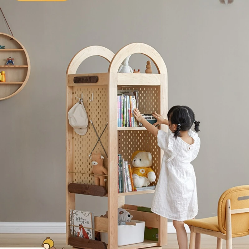 Bookshelf full solid wood rotating bookshelf 360 degrees children's reading picture book rack storage landing