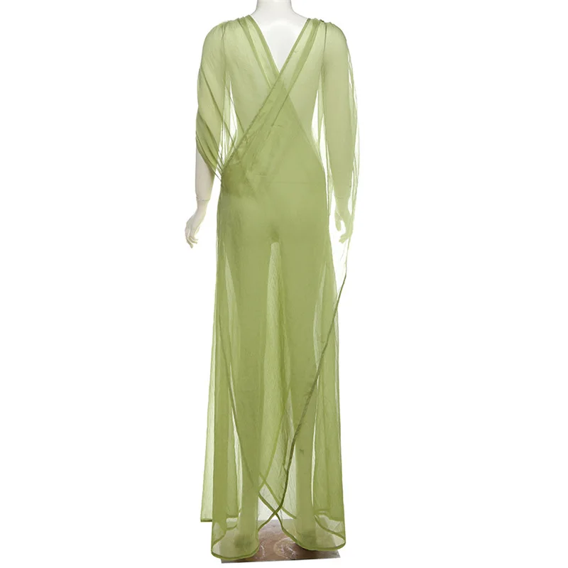 Donne Sexy Cross Sheer Mesh Maxi Dress scollo a v increspato spalla divisa senza maniche Holiday Beach Cover Ups Party Clubwear abito lungo