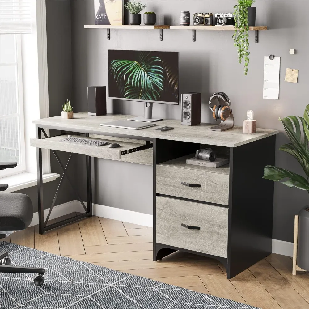 Office Desk with Drawers, 55 Inch Industrial Computer Desk with Storage, Wood Teacher Desk with Keyboard Tray for Home Office