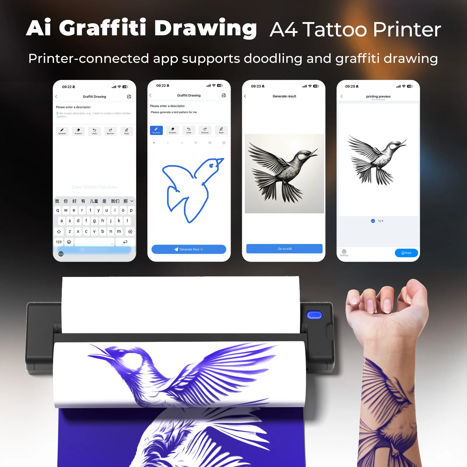 A4 thermal tattoo printer, portable Bluetooth home office small mini label transfer machine